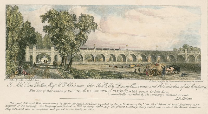 Pohled na část londýnského a Greenwichského viaduktu, kde protíná Corbetts Lane, Londýn od English School