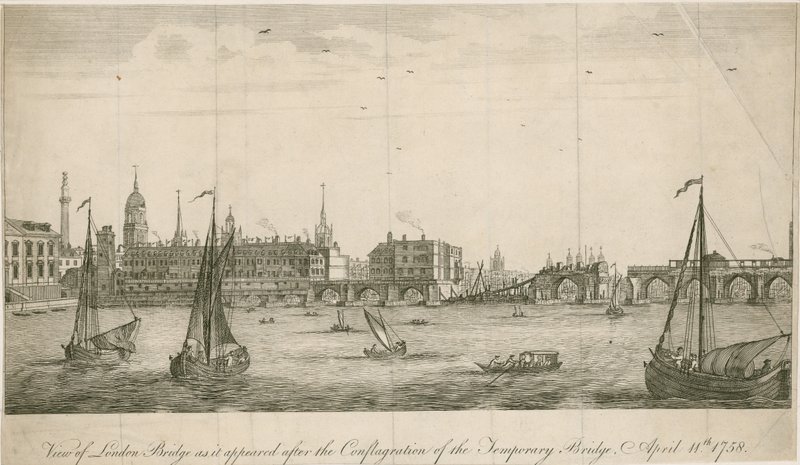 Pohled na starý London Bridge, jak se objevil po požáru v roce 1758 od English School
