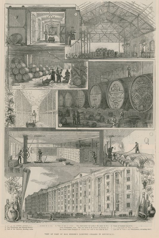Pohled na část sklepů Max Gregers (Limited) v Southwarku od English School