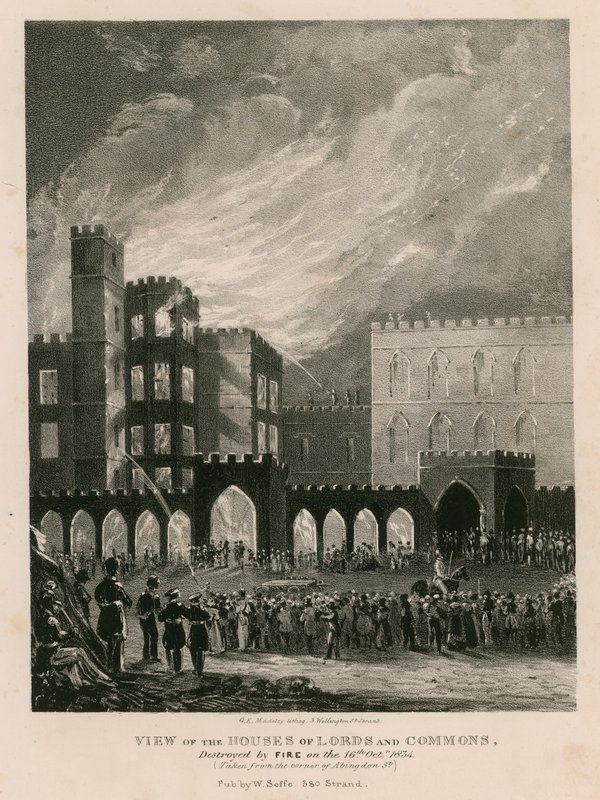 Pohled na Sněmovnu lordů a Commons, zničenou požárem 16. října 1834 od English School