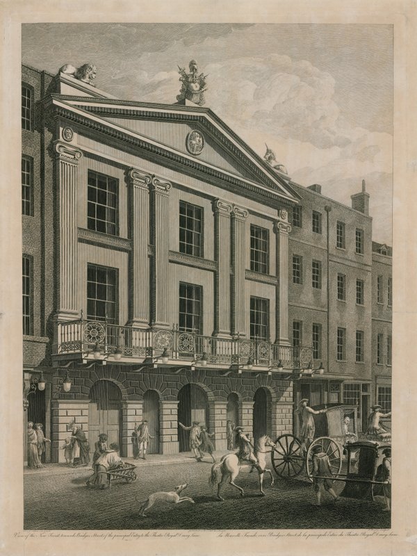 Pohled na Novou frontu, směrem k ulici Bridges, na hlavní vstup do Theatre Royal Drury Lane od English School