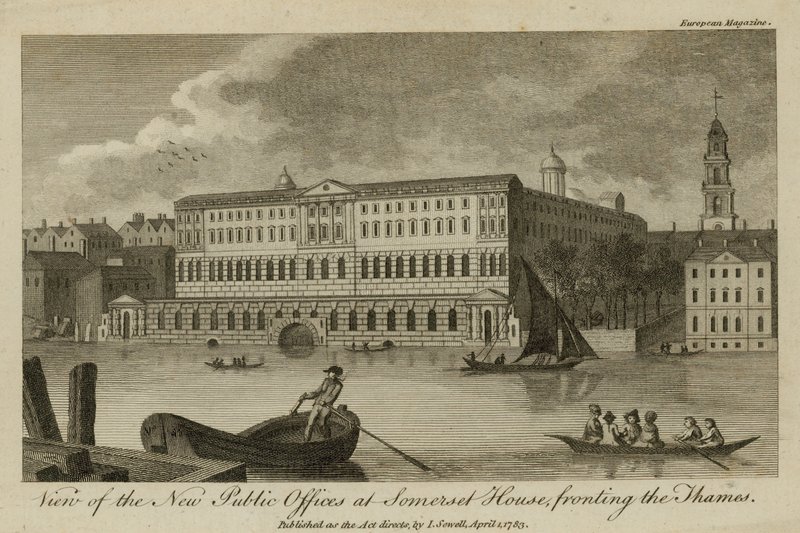 Pohled na nové veřejné kanceláře v Somerset House, naproti Temži od English School