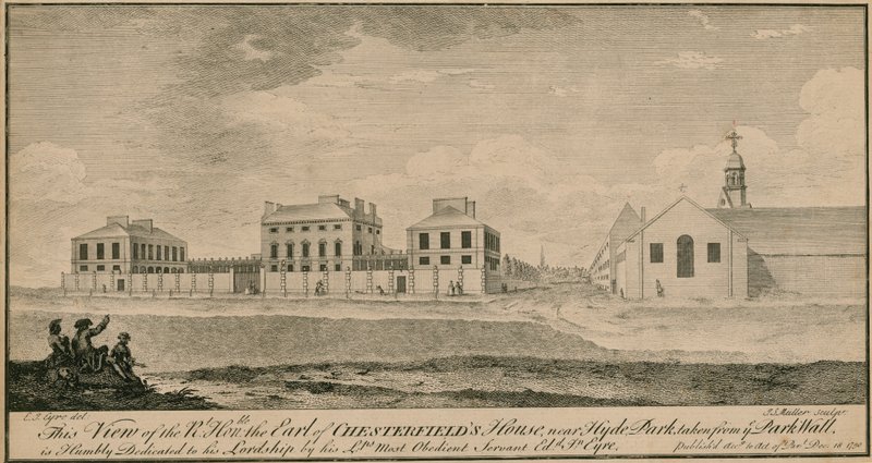 Pohled na dům Right Hon the Earl of Chesterfields poblíž Hyde Parku, převzatý ze zdi parku od English School
