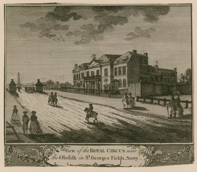 Pohled na Royal Circus poblíž obelisku v St Georges Fields, Surry od English School