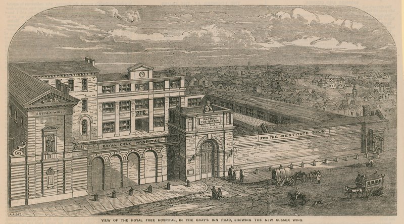 Pohled na Royal Free Hospital v Grays Inn Road, ukazující nové Sussex Wing od English School