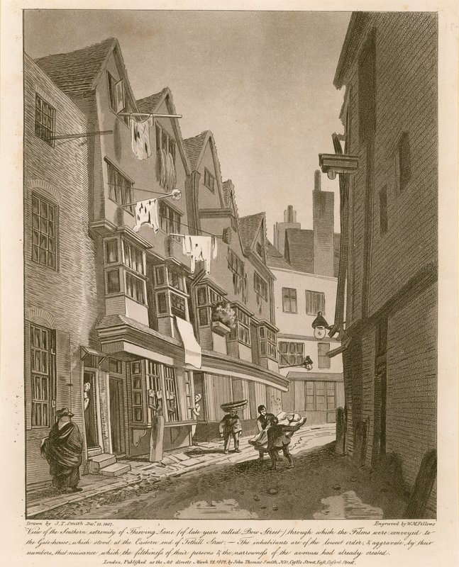 Pohled na jižní konec Thieving Lane (z posledních let nazývaný Bow Street) od English School