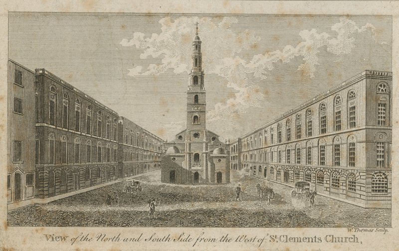 Pohled na severní a jižní stranu ze západu na St Clements Church od English School