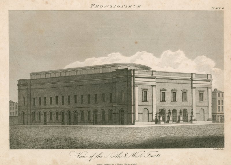 Pohled na severní a západní frontu divadla Drury Lane v Londýně od English School