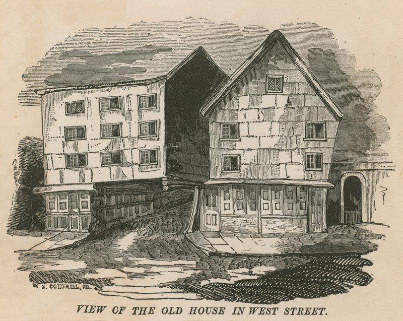 Pohled na starý dům ve West Street v Londýně, dříve Red Lion Inn, Chick Lane, někdejší sídlo Jonathana Wilda od English School