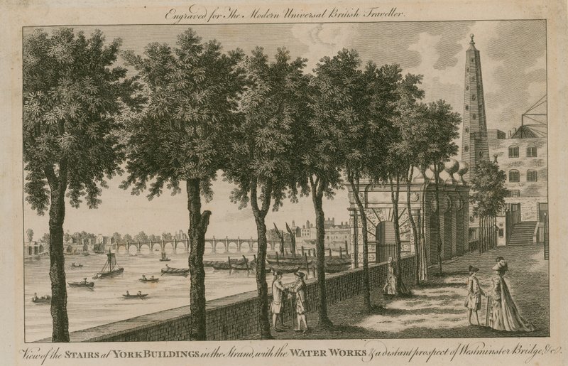 Pohled na schody v York Buildings v Strand od English School