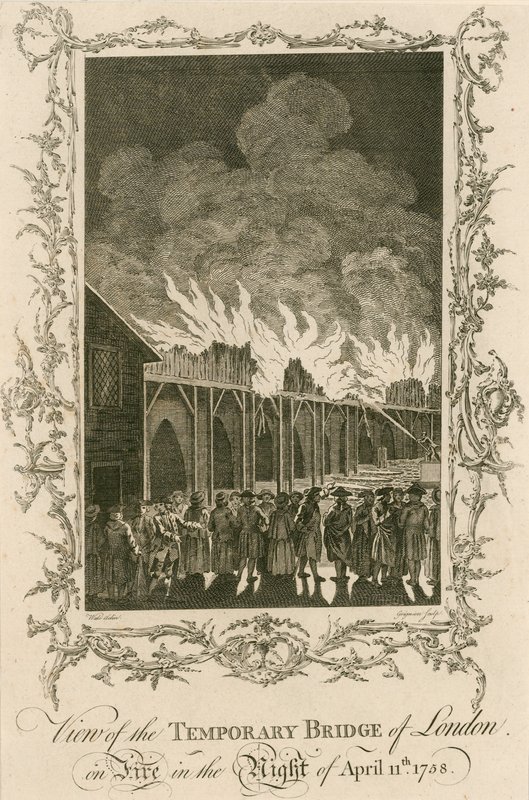 Pohled na dočasný most v Londýně v plamenech v noci 11. dubna 1758 od English School