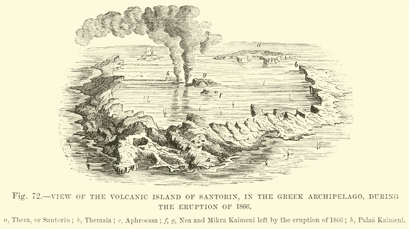 Pohled na sopečný ostrov Santorin, v řeckém souostroví, během erupce v roce 1866 od English School