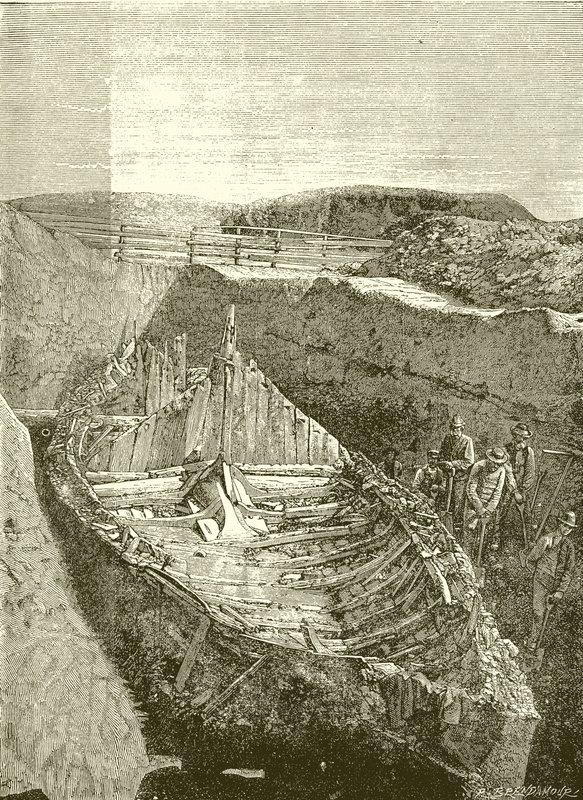 Vikingská loď, nalezená poblíž Sandefjordu, Norsko od English School