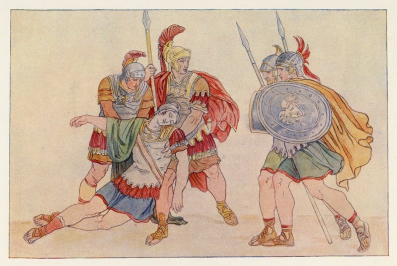 Vergiliova Aeneida: Aeneas a tělo Lausus (barevné lito) od English School