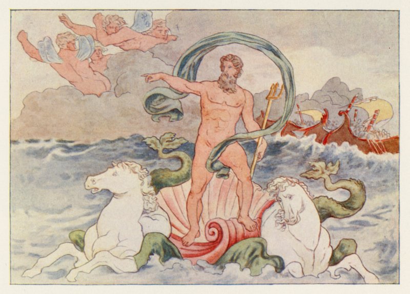 Virgilova Aeneida: Neptun uklidňující vlny (barevné lito) od English School