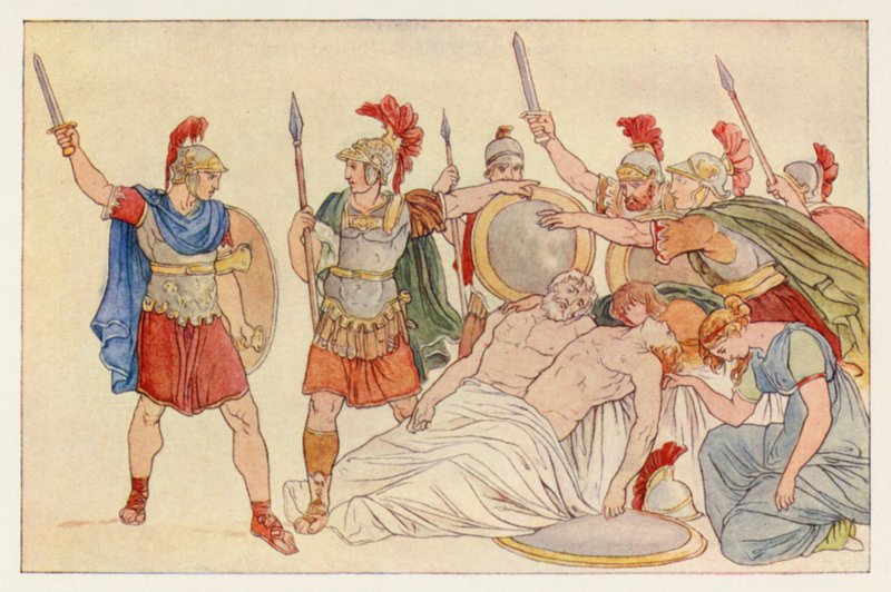 Virgilova Aeneida: Turnus nad Těly Alma a Galaesa (barevné lito) od English School