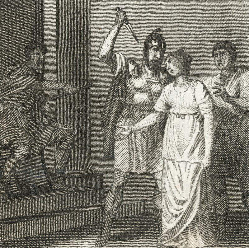 Virginius zabíjí svou dceru, aby ji vysvobodil z Appiovy moci (rytina) od English School