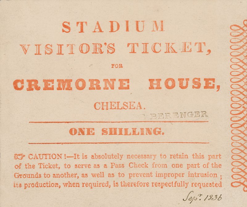 Vstupenka pro návštěvníky na stadion, Cremorne House, Londýn, září 1836 od English School