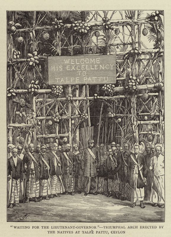 „Čekání na poručíka-guvernéra“, Triumfální oblouk vztyčený domorodci v Talpe Pattu, Ceylon (rytina) od English School