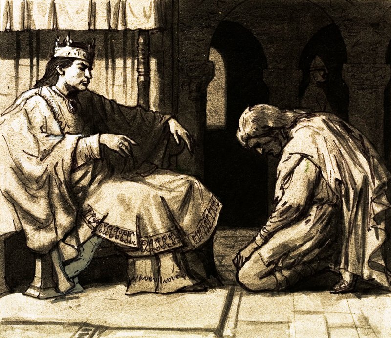 Waltheof šel do Normandie, aby požádal krále Williama o milost (kvaš na papíře) od English School