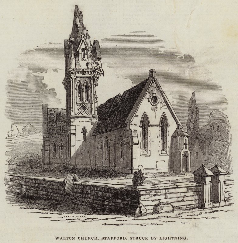 Walton Church, Stafford, zasažen bleskem (rytina) od English School