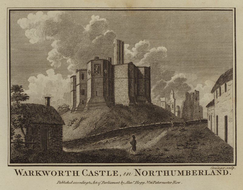 Hrad Warkworth, v Northumberlandu (rytina) od English School