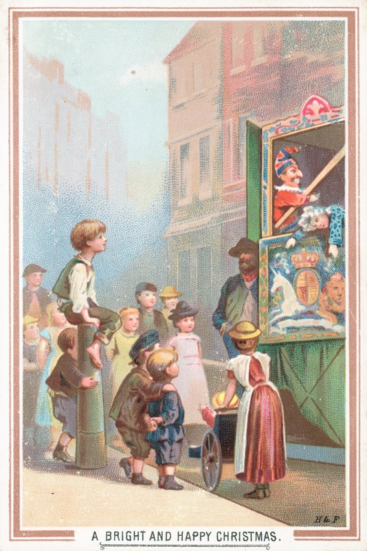 Sledování Punch and Judy Show, vánoční přání od English School