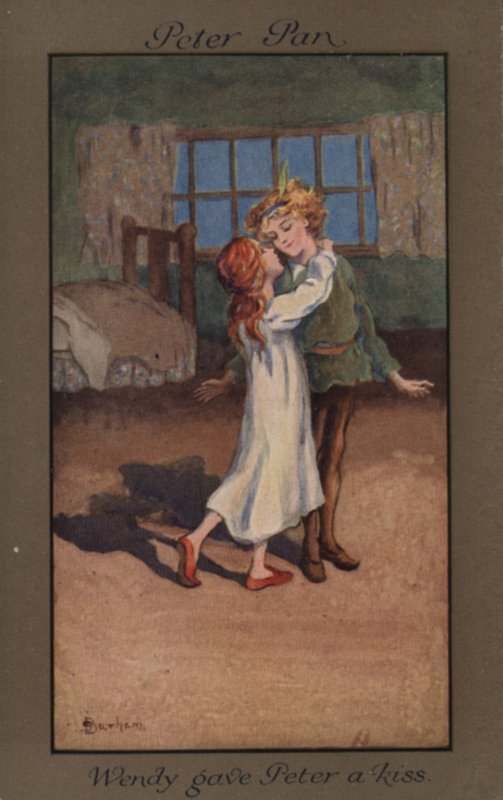 Wendy dává Peteru Panovi pusu (barva litho) od English School
