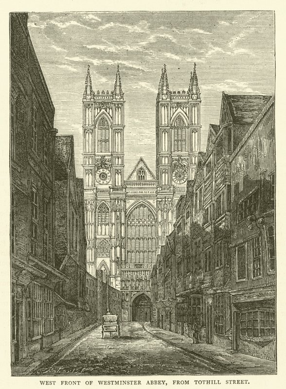 Západní fronta Westminsterského opatství, z Tothill Street (rytina) od English School