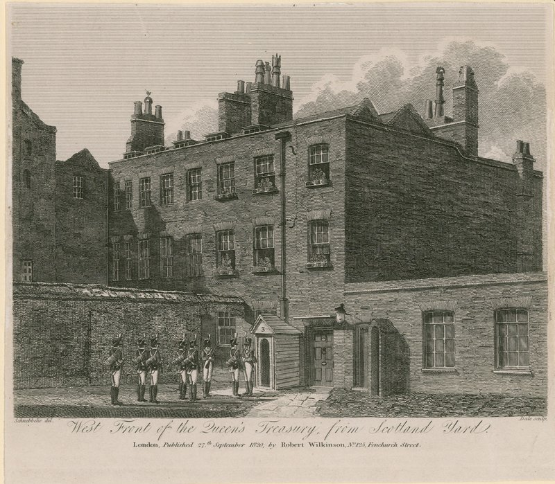 Západní fronta Queens Treasury ze Scotland Yardu od English School