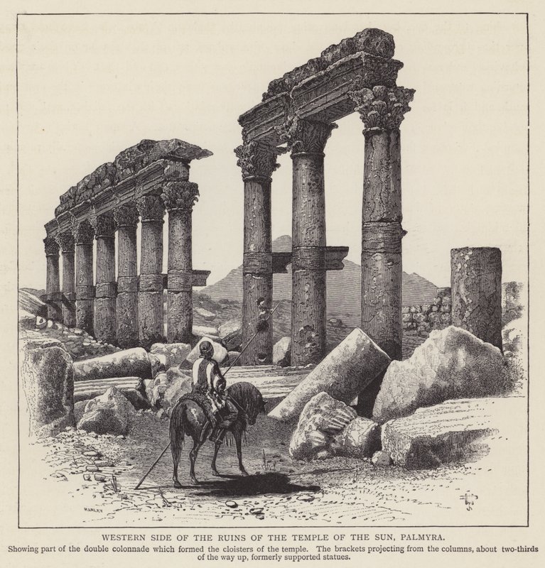 Západní strana ruin Slunečního chrámu, Palmýra (rytina) od English School