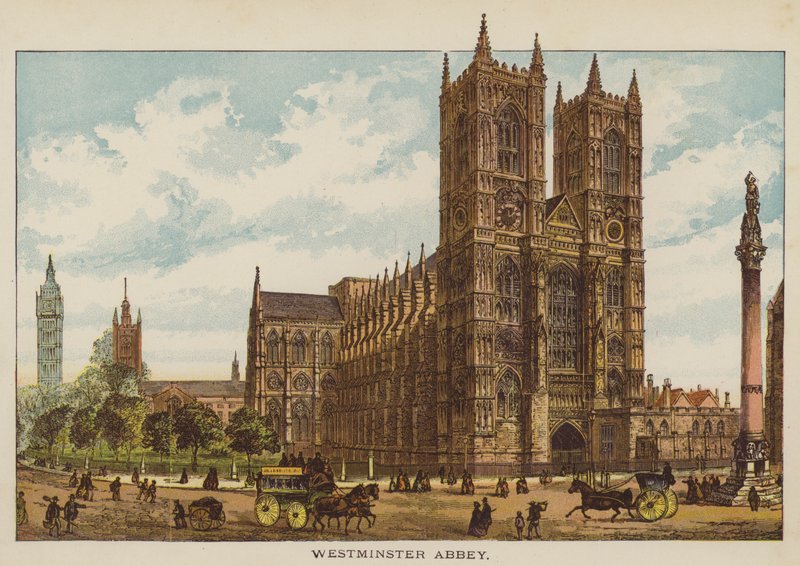 Westminster Abbey (barevná rytina) od English School