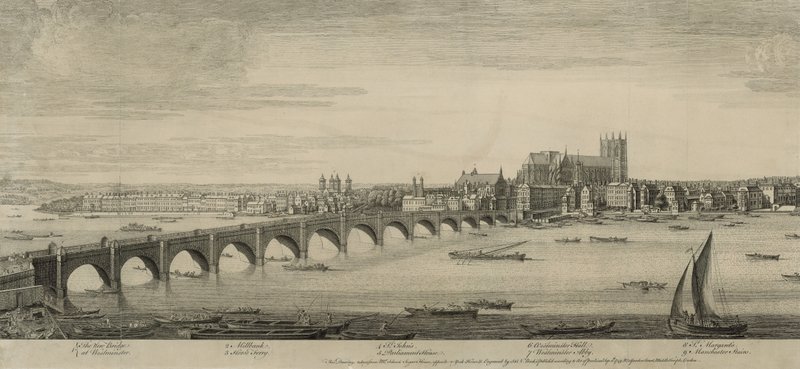 Westminster Bridge, Londýn, převzato z pana Scheves Sugar House, naproti York House od English School