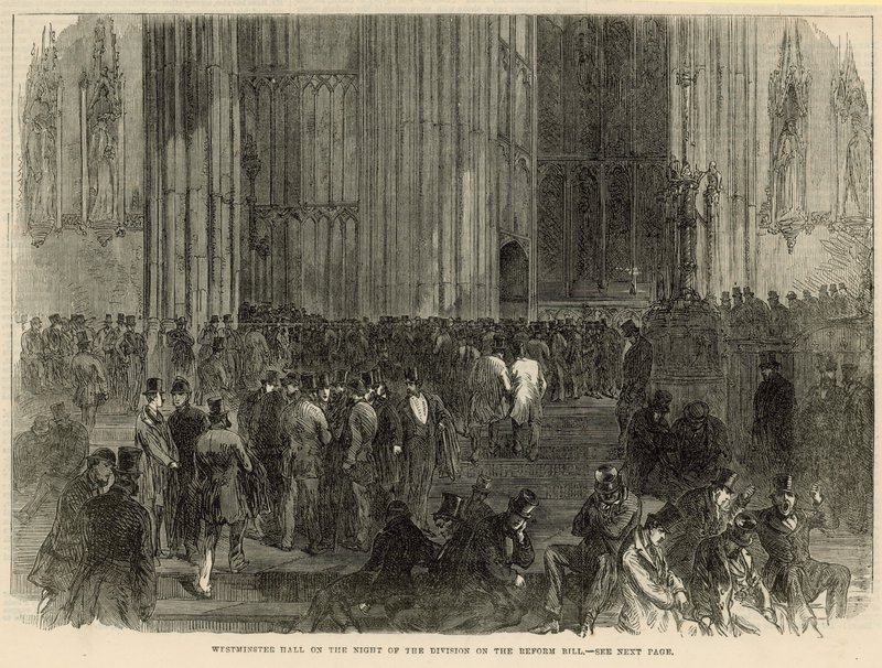 Westminster Hall v noci divize na reformním návrhu zákona od English School