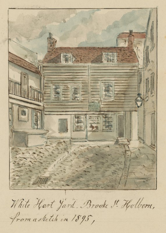White Hard Yard, Brooke Street, Holborn, Londýn, ze skici v roce 1895 (wc na papíře) od English School