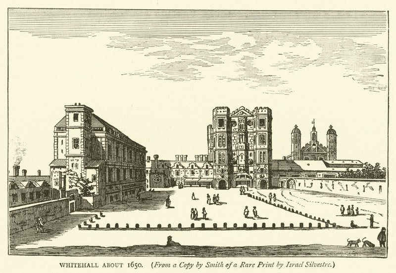 Whitehall kolem roku 1650, z kopie vzácného tisku od Israele Silvestra od Smithe od English School