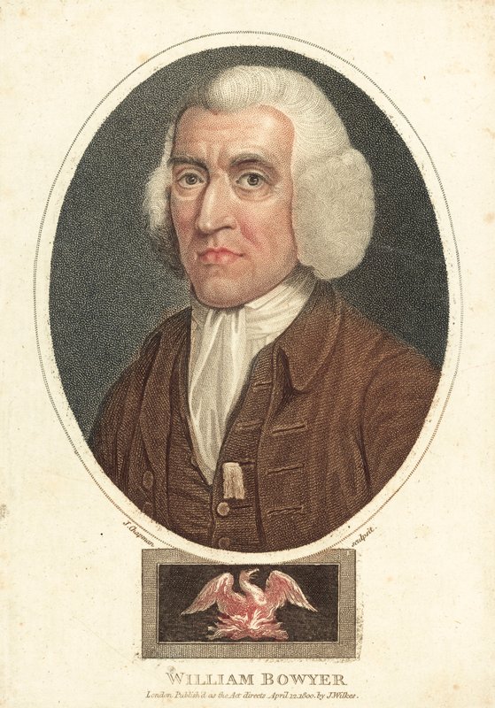 William Bowyer , anglický tiskař a editor (barevná rytina) od English School