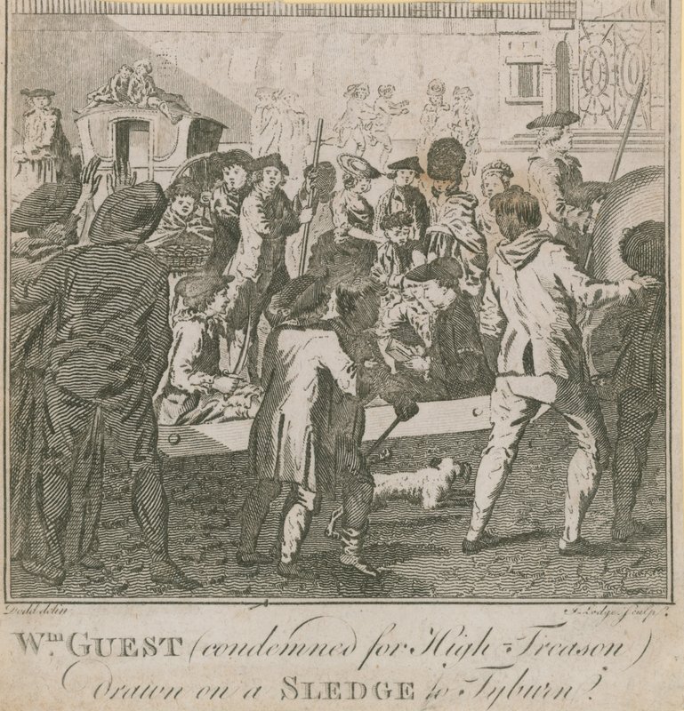 William Guest, odsouzený za velezradu, přitažen na saních do Tyburnu od English School