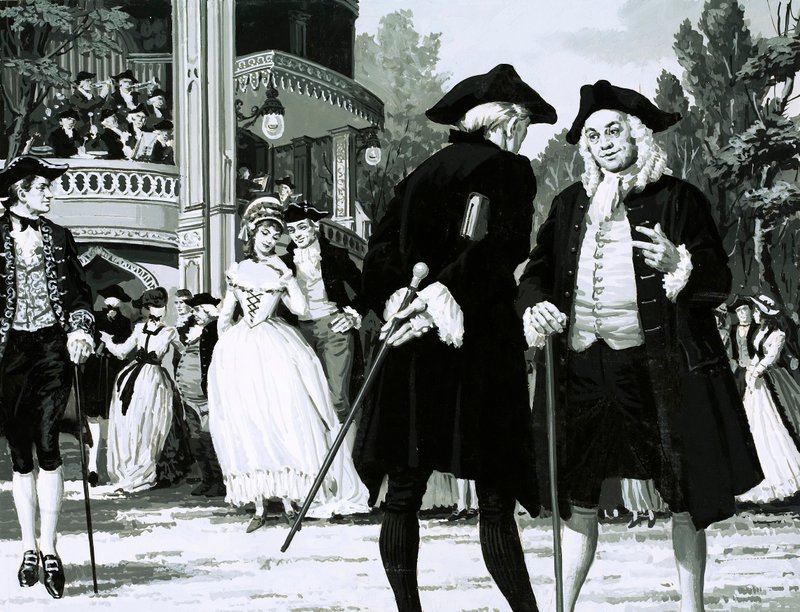 William Hogarth se prochází ve Vauxhall Gardens (kvaš na papíře) od English School
