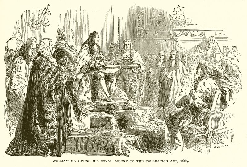 William III dává svůj královský souhlas k tolerančnímu zákonu z roku 1689 od English School