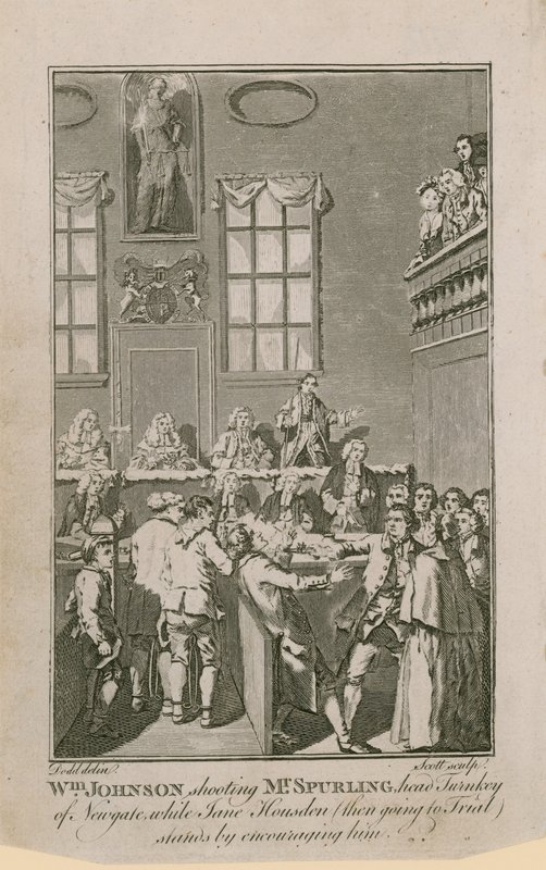 William Johnson zastřelil pana Spurlinga, vedoucího Turnkey v Newgate, zatímco Jane Housden (pak jde před soud) stojí a povzbuzuje ho od English School