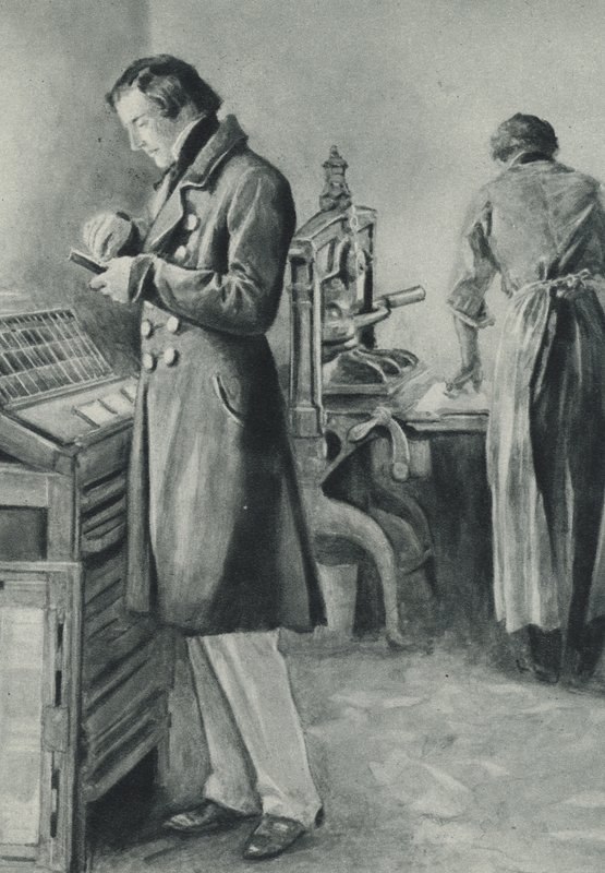 William Lloyd Garrison nastavuje písmo pro své noviny od English School