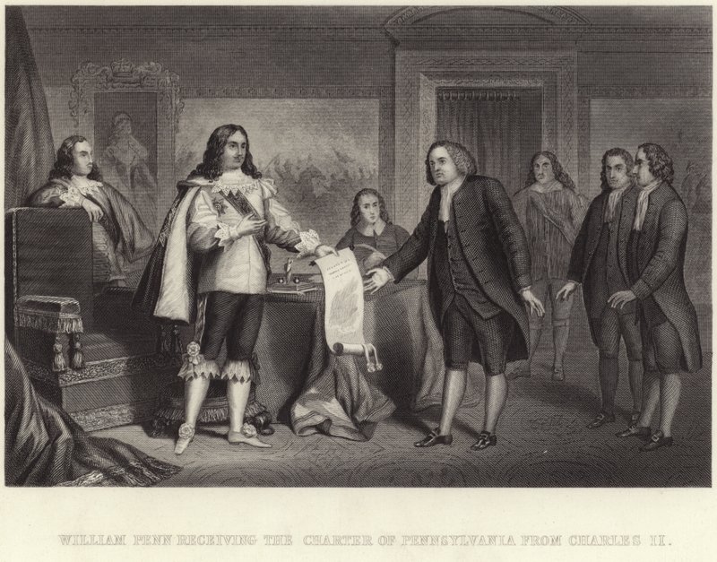 William Penn obdrží Chartu Pennsylvanie od Karla II od English School