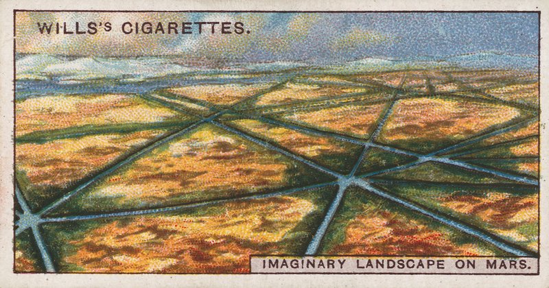 Wills Cigarette Card zobrazující imaginární krajinu na Marsu od English School