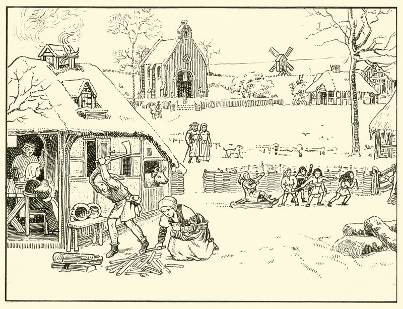 Zimní scéna ve vesnici. 14. cent (inkoust na papíře) od English School