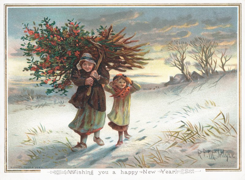 Žena nesoucí Holly Bush přes rameno, novoroční přání od English School