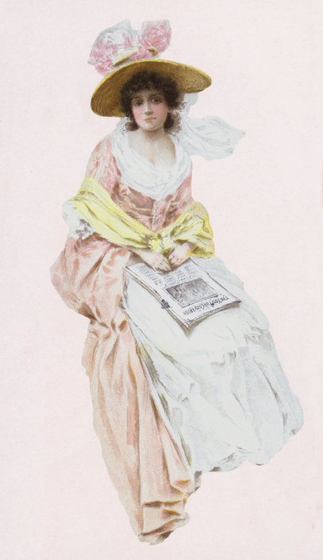 Žena ve viktoriánských nebo edwardiánských šatech čtoucí noviny (chromolitho) od English School