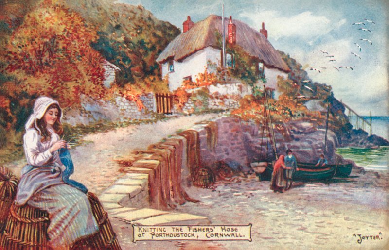 Žena pletoucí rybářskou hadici, Porthoustock, Cornwall (barva litho) od English School