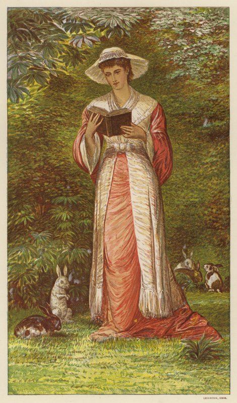 Žena čte knihu v zahradě s králíky (barva litho) od English School
