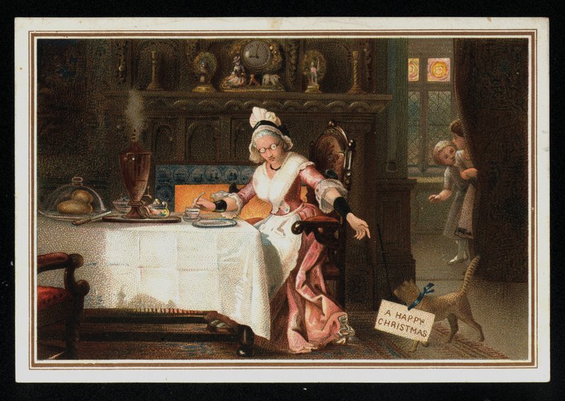 Žena si čaj s kočkou, vánoční přání. (chromolitho) od English School